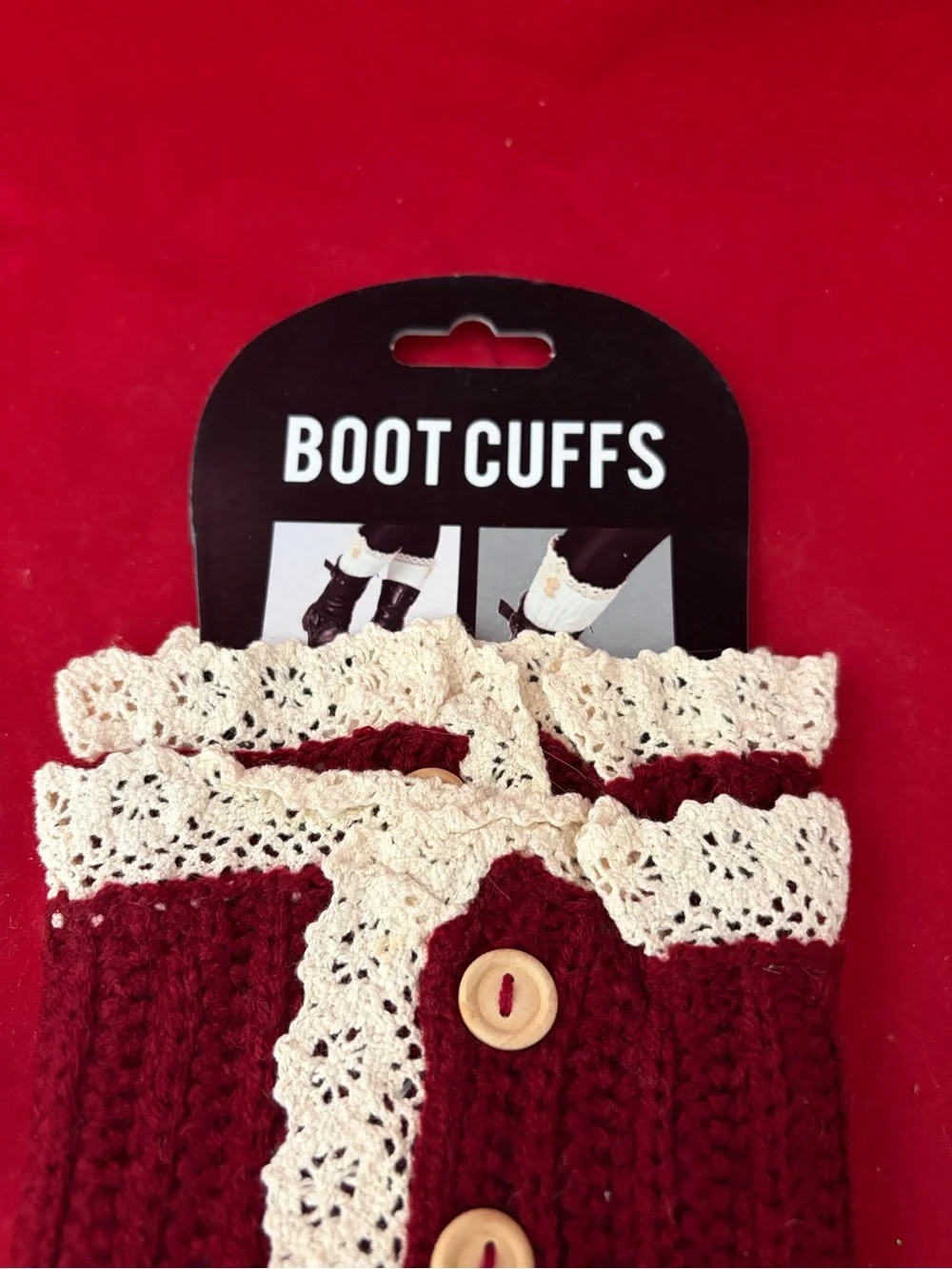 Hand Knitted Boot Cuffs With Lace And Faux Buttons